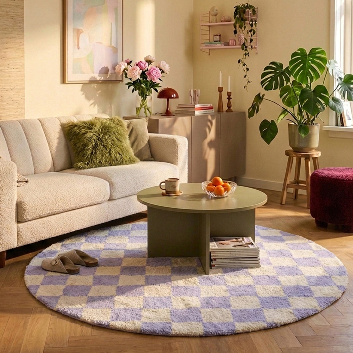 Tapis rétro rond - Gambit Lilas/Blanc