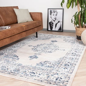 Tapis vintage - Deep Madellion Blanc/Bleu