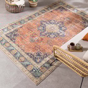 Tapis rond en jute d'extérieur - Kairo Medaillon Terra/Bleu Foncé