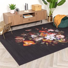 Tapis rond à fleurs - Florine Noir/Orange