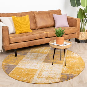Tapis patchwork rond - Spring Jaune Ocre/Taupe