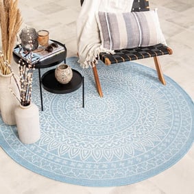 Tapis d'extérieur rond - Summer Azteca Bleu Clair
