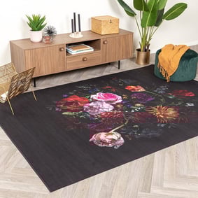 Tapis rond à fleurs - Florine Noir/Rose