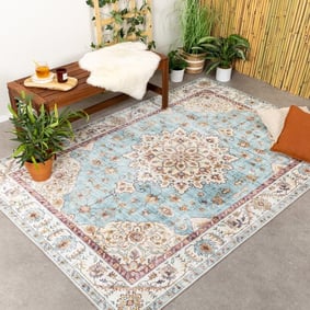 Tapis ovale à poils longs - Santo Medaillon Bleu Clair