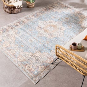 Tapis rond en jute d'extérieur - Kairo Medaillon Bleu Clair/Crème