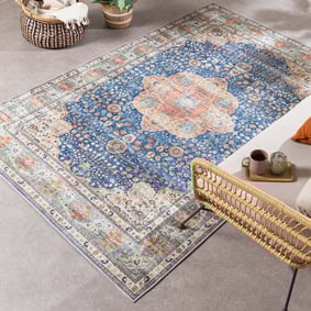 Tapis rond en jute d'extérieur - Kairo Medaillon Bleu Foncé/Terracotta