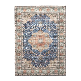 Tapis rond en jute d'extérieur - Kairo Medaillon Bleu Foncé/Terracotta - product