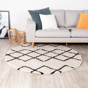 Tapis rond à poils longs - Grand Diamond Crème/Noir