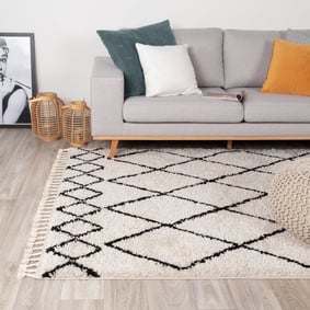 Tapis à poils longs - Grand Diamond Weave Crème/Noir