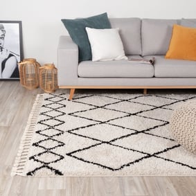 Tapis à poils longs - Grand Diamond Weave Crème/Noir