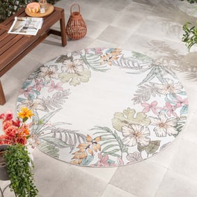 Tapis d'extérieur rond à fleurs - Poppy Crème