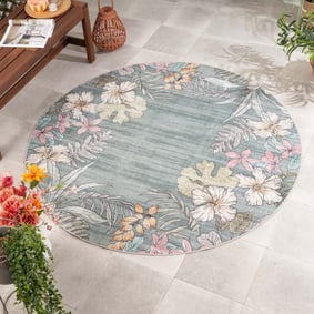 Tapis d’extérieur rond à fleurs - Poppy Vert Olive