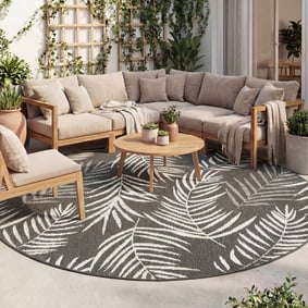 Tapis d'extérieur rond - Malta Leaves Noir