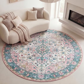 Tapis rond vintage - Lily Oriental Bleu/Rose