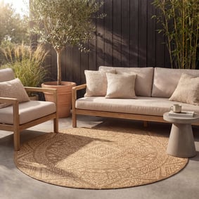 Tapis d'extérieur en jute rond - Mavi Medallion Marron/Crème