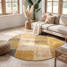 Tapis patchwork rond - Spring Jaune Ocre/Taupe