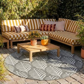 Tapis d'extérieur rond - Summer Leaves Gris