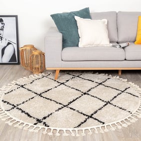 Tapis rond à poils longs - Grand Lines Weave Crème/Noir