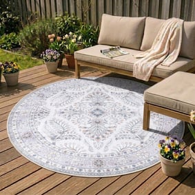 Tapis d'extérieur rond vintage - Santo Flora Blanc