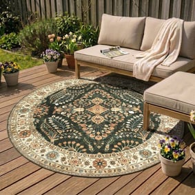 Tapis d'extérieur rond vintage - Santo Flora Vert Foncé
