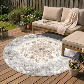 Tapis d'extérieur rond vintage - Santo Mandala Bleu/Gris
