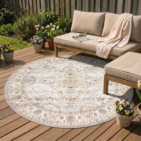 Tapis d'extérieur rond vintage - Santo Flora Gris Clair