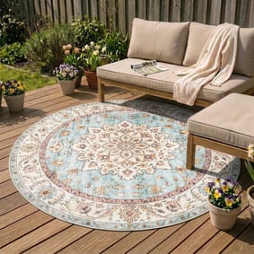 Tapis d'extérieur rond vintage - Santo Medallion Bleu Clair