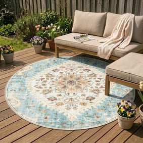 Tapis d'extérieur rond vintage - Santo Mandala Bleu Clair