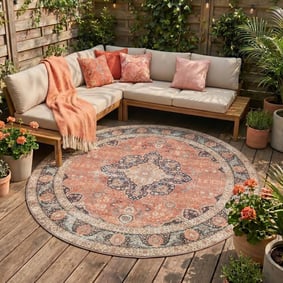 Tapis d'intérieur et d'extérieur rond - kairo Medallion terra/Bleu Foncé