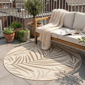 Tapis d'extérieur rond en jute - Nomad Leaves Crème