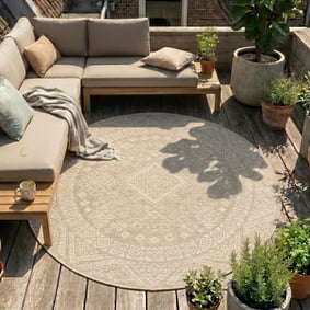 Tapis d'extérieur en jute rond - Atlas Aztec Marron/Crème