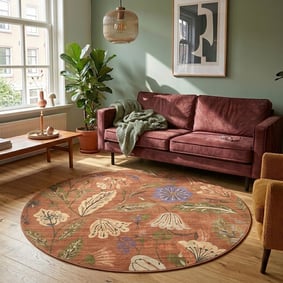 Tapis rond lavable - Misty Flowers Terracotta