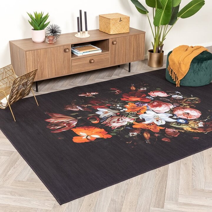 Tapis rond à fleurs - Florine Noir/Orange