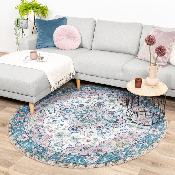 Tapis vintage rond - Lily Oriental Bleu/Rose
