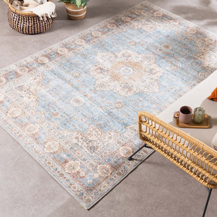 Tapis rond en jute d'extérieur - Kairo Medaillon Bleu Clair/Crème