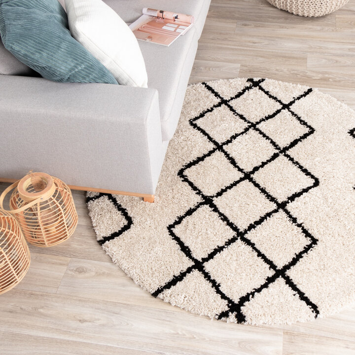 Tapis rond à poils longs - Grand Diamond Crème/Noir - 3