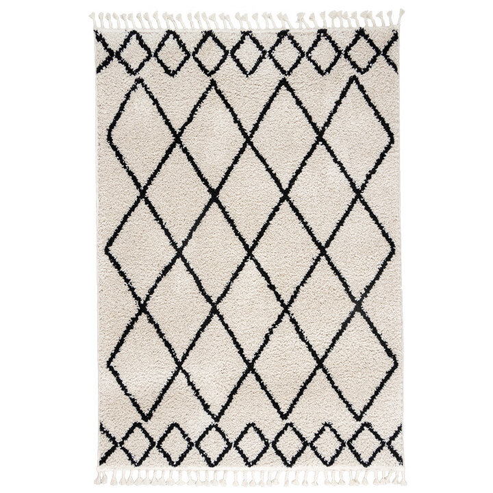 Tapis à poils longs - Grand Diamond Weave Crème/Noir - 1
