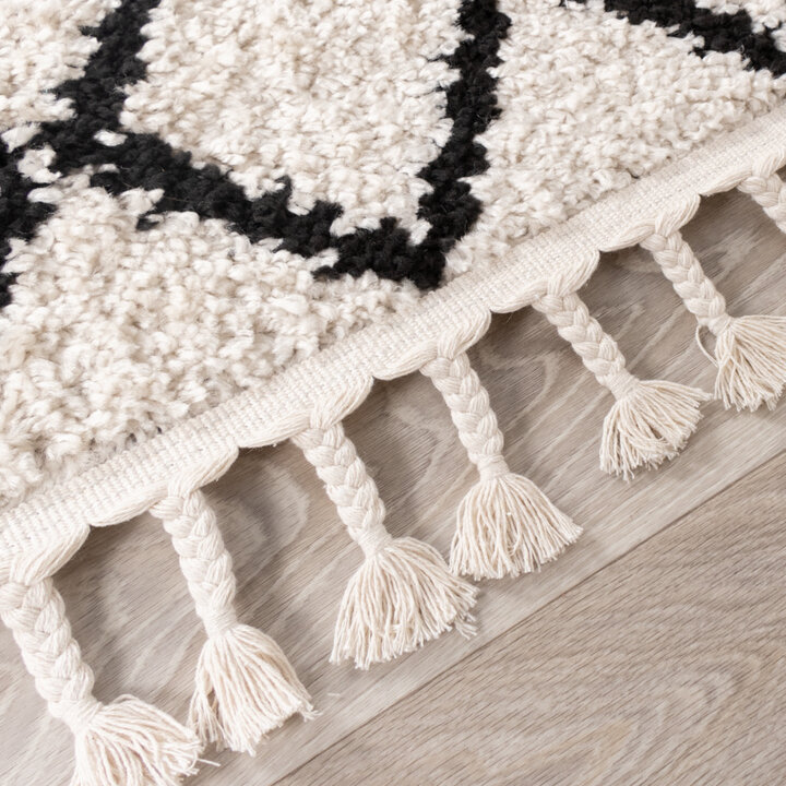 Tapis à poils longs - Grand Diamond Weave Crème/Noir - 5