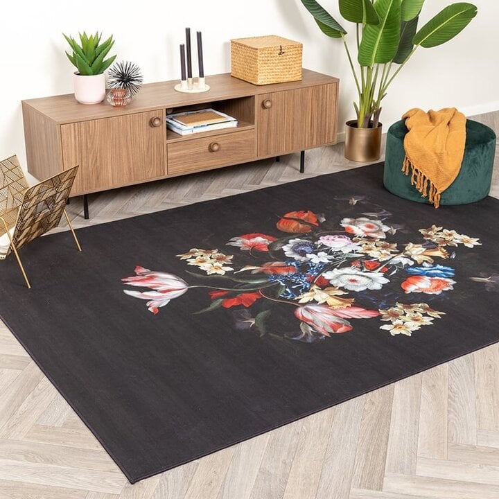 Tapis à fleurs - Florine Noir/Bleu