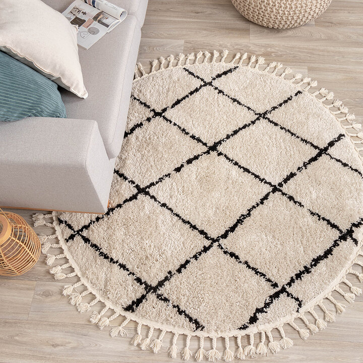 Tapis rond à poils longs - Grand Lines Weave Crème/Noir - 3